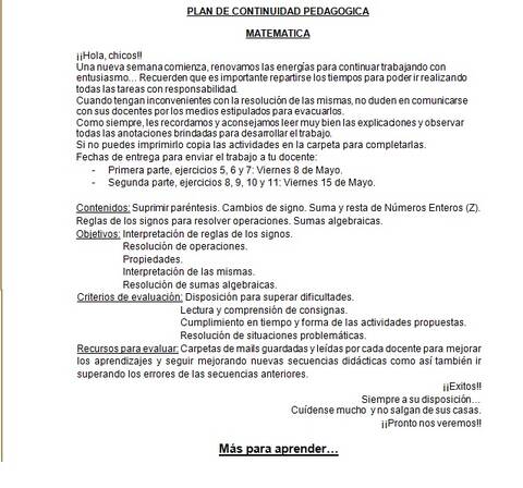 Plan de continuidad pedagógica 8- Matemática