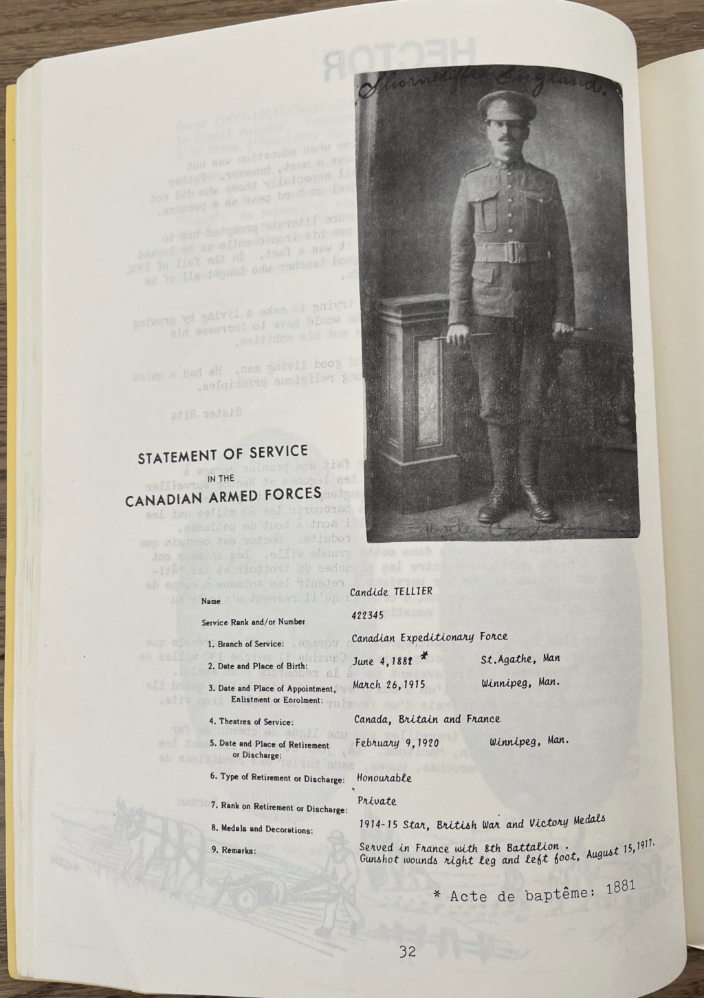 Candide Tellier, Force Expéditionnaire Canadienne, blessé 15 Août 1917 9fe6d810