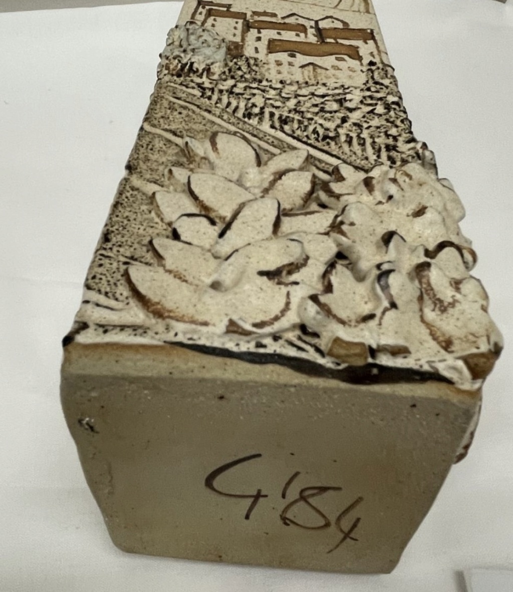 studio pottery slab vase with G mark ‘84, landscape, town and field scene 5efe7d10