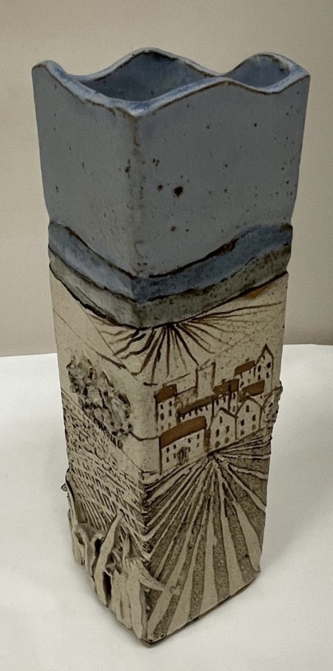 studio pottery slab vase with G mark ‘84, landscape, town and field scene Ef8fdc10