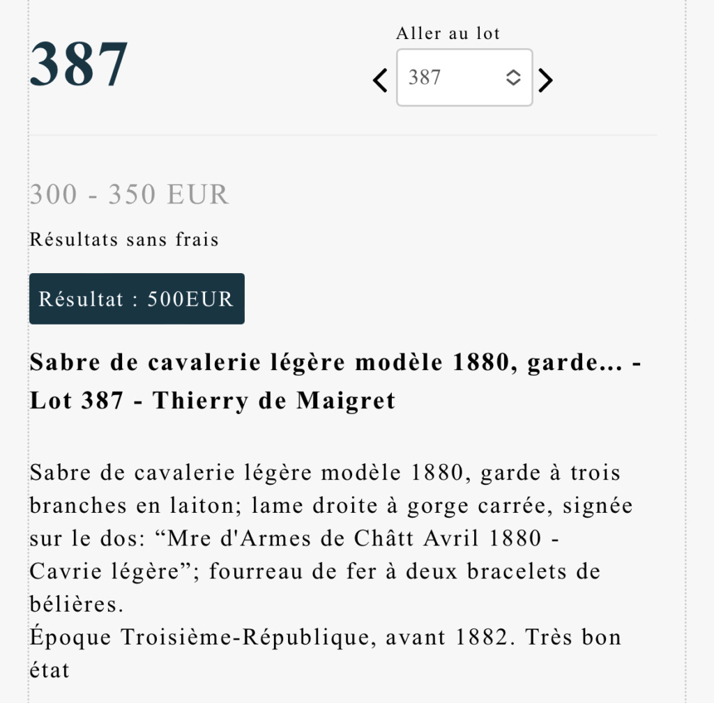 estimation sabre d'essai cavalerie légère Mle 1880 courbe 13942110