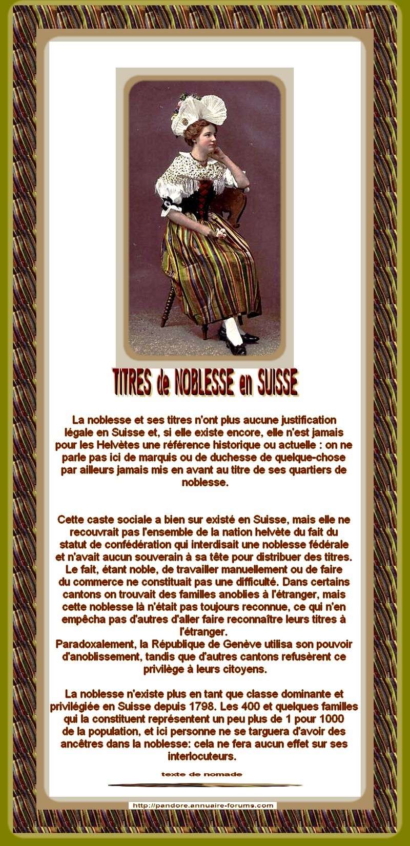 SUISSE - TITRES DE NOBLESSE N'ONT AUCUNE JUSTIFICATION LEGALE  A142