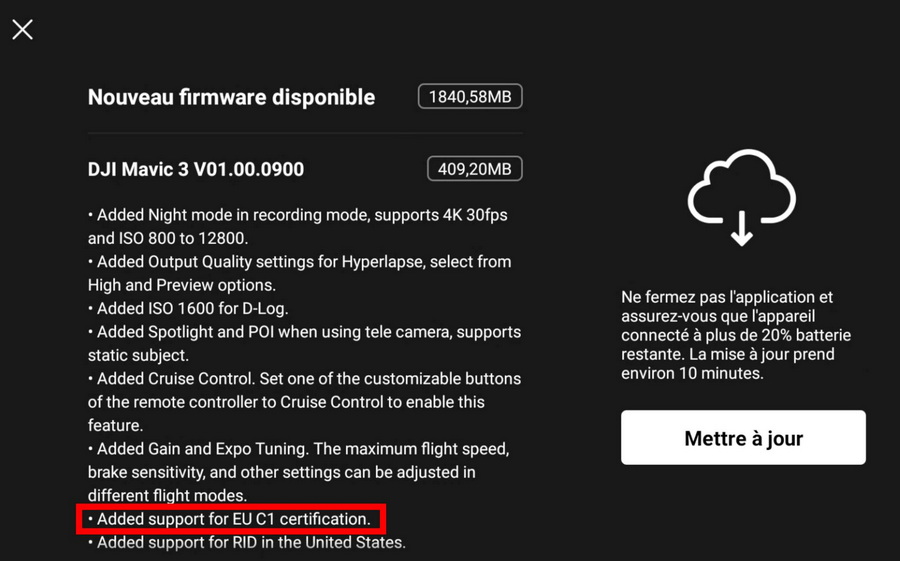 Mise à jour du firmware Mavic 3 Certif10