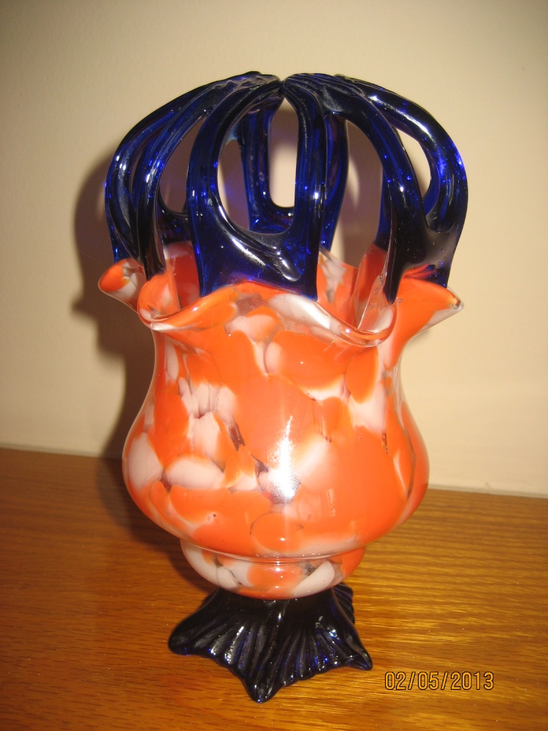 1920's Vase - Red/White Spatter Glass? w/Blue, Czech? Img_3812