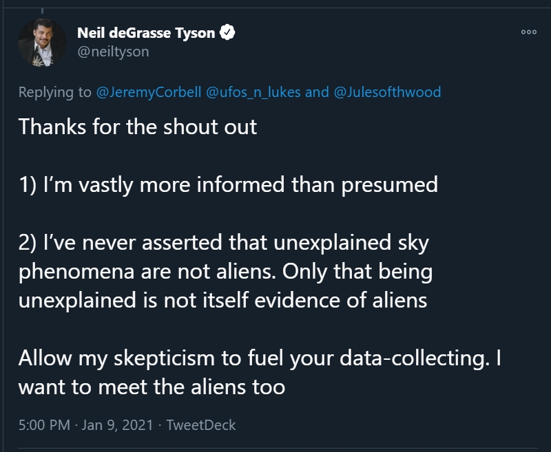 Le célèbre astrophysicien Américain Neil deGrasse Tyson a toujours bien rigolé des UFOS... 2021-013