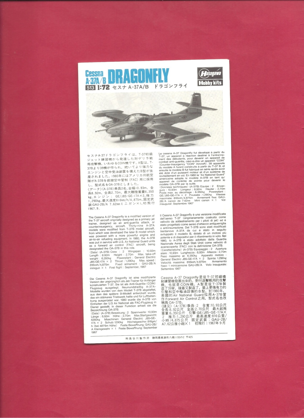 [HASEGAWA] CESSNA A 37A B DRAGONFLY 1/72ème Réf 513 Notice Hasega72