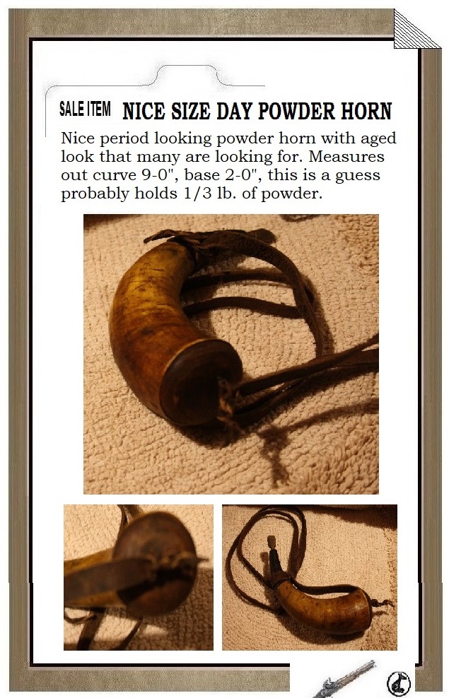 ANTIQUED POWDER HORN (RIGHT SIZE FOR A DAY HORN). Pwd_hr10