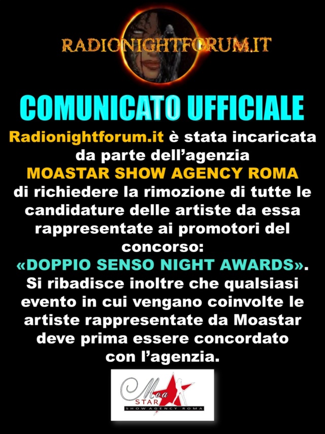COMUNICATO UFFICIALE DI RADIONIGHTFORUM.IT ... SU INCARICO DI MOASTAR SHOW AGENCY ROMA Comuni18