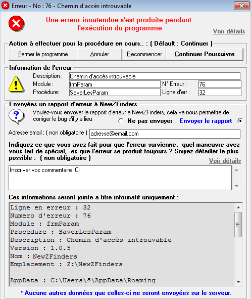 Fênetre d'erreur qui s'ouvre - Envoyer l'erreur et mettre commentaire Error310