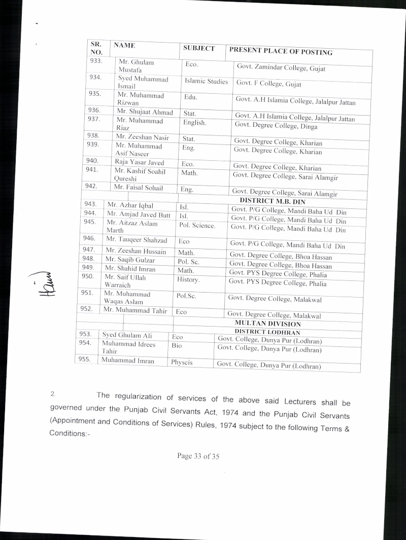 Notification for Regularize the services of Male Lectures(BS-17) Notifi42