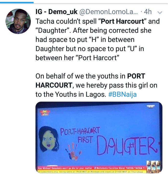 BBNAIJA 2019:- Twitter Users Slams And Schools Tacha For Spelling “Daughter” And “Port-Harcourt” Wrongly 10282513