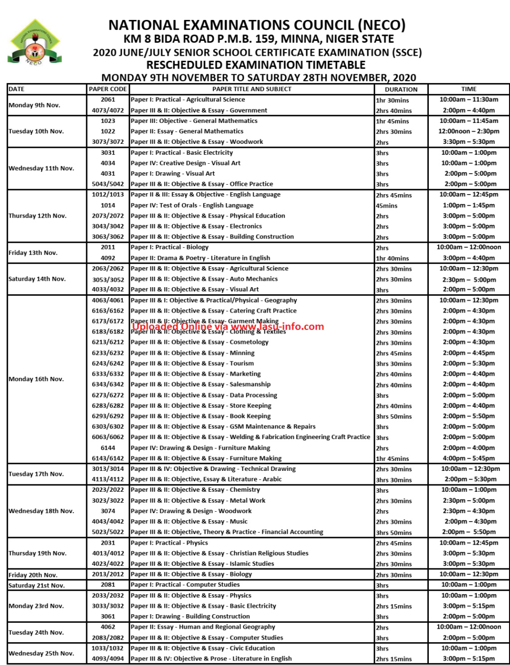 Neco - NECO Releases New Timetable As 2020 SSCE Resumes On Monday 2020_n10