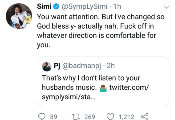 “Fuck Off” – Simi Replies Troll Who Criticized Her Husband’s Music 5d78f110