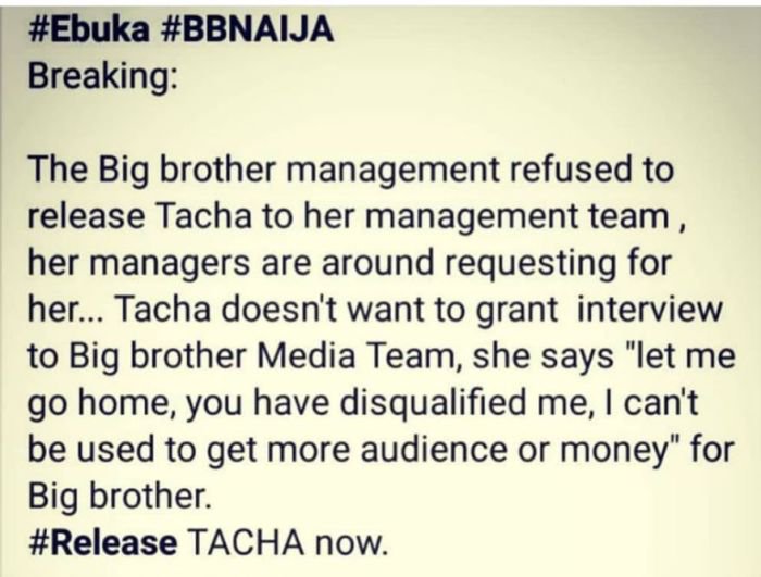 Big Brother Has Refused To Release/Let Tacha Go Home (Read What’s Happening) 87439010