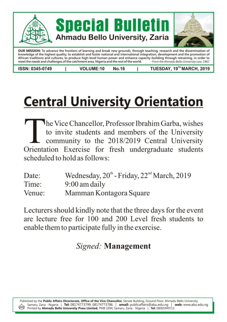 ABU Orientation Programme Schedule for 2018/2019 Newly Admitted Students Abu-ce10