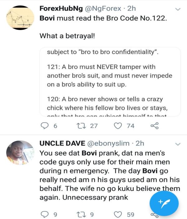 Male Twitter User Call Out Bovi For Breaking The Bro Code After His Loyalty Prank Bovi-110