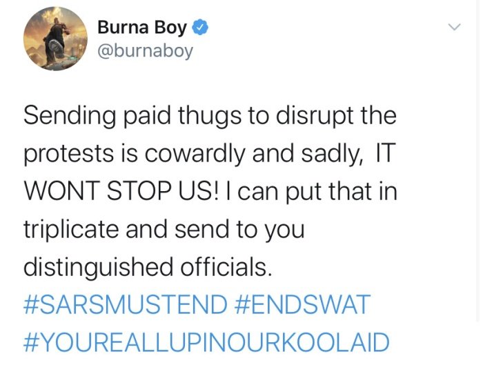 SARSMUSTEND - “It’s Cowardly & Sadly” – Here’s What Burna Boy Has To Say About Officials Sponsoring ‘Thugs’ To Disrupt Protest Burna135