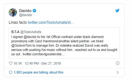Davido Reacts After Tosin Ashafa Revealed He Signed Him To His First Official Contract Captu116