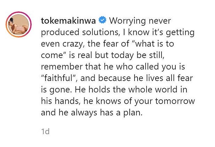 “Worrying Never Produced Solutions” – Toke Makinwa Motivates Followers Captu152