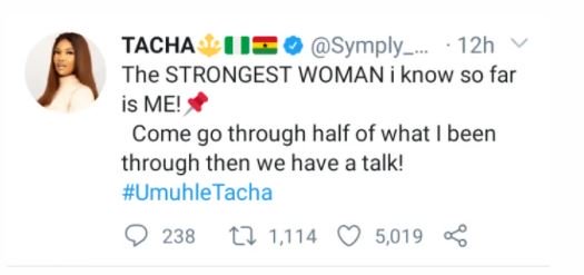 ‘The Strongest Woman I Know So Far Is Me’, Tacha Says Ckvn-j10