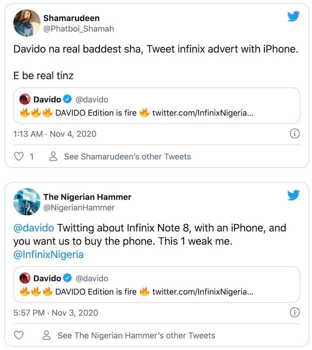 DAVIDO - Angry Nigerians Drag Davido For Tweeting About His New Infinix Edition Phone With An iPhone David414