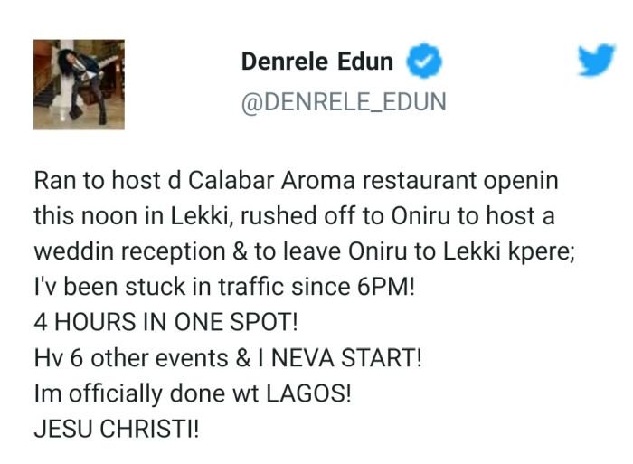 “I’ve Been Stuck In Traffic For Over 4 Hours, I’m Officially Done With Lagos”- Denrele Edun Says Den10