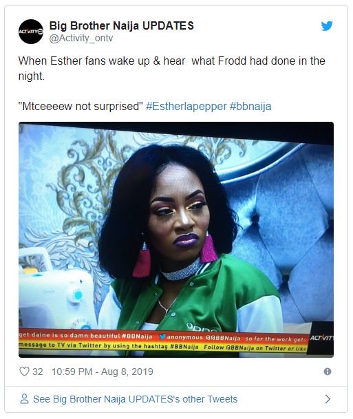 BBNAIJA:- Nigerians Reacts As Frodd Dumped Venita To Spend The Night On Esther’s Bed (Photo) Frodd-17