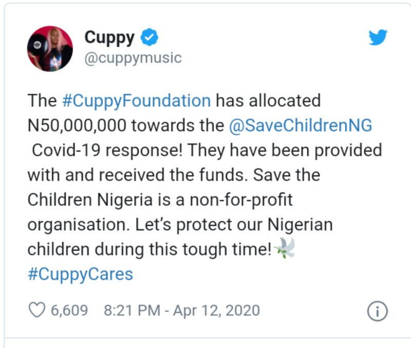 DJ Cuppy Donates 50 Million Naira Towards Covid-19 Response Insho240