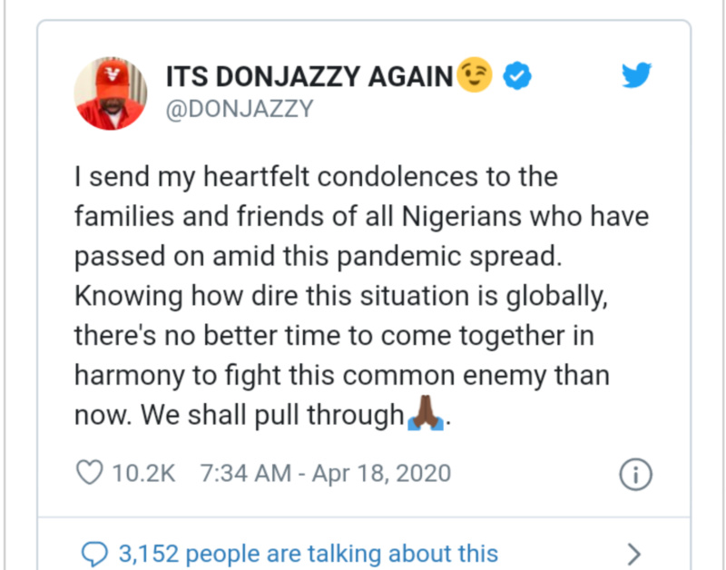 Don Jazzy Sends Condolence Message To Families Of People Who Lost Their Lives To Coronavirus Insho263