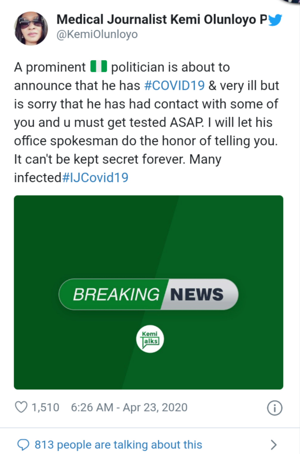A Prominent Nigerian Politician Is About To Apologize, Announce He Tested Positive For Coronavirus – Kemi Olunloyo Reveals Insho281