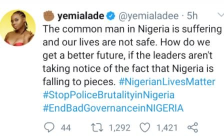 EndBadGovernanceinNIGERIA - #EndSARS: ‘The Common Man In Nigeria Is Suffering’ – Singer Yemi Alade Jbjd10