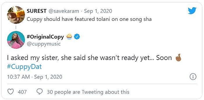 twitter - DJ Cuppy Explains Why Her Sister, Tolani Wasn’t Featured On Her Album Jhf11