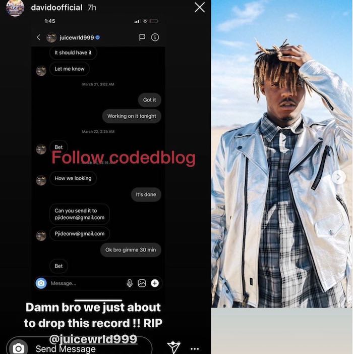 davido - Davido Revealed He And Late Juice Wrld Has A Song Together Before He Passed On Yesterday Juicee10