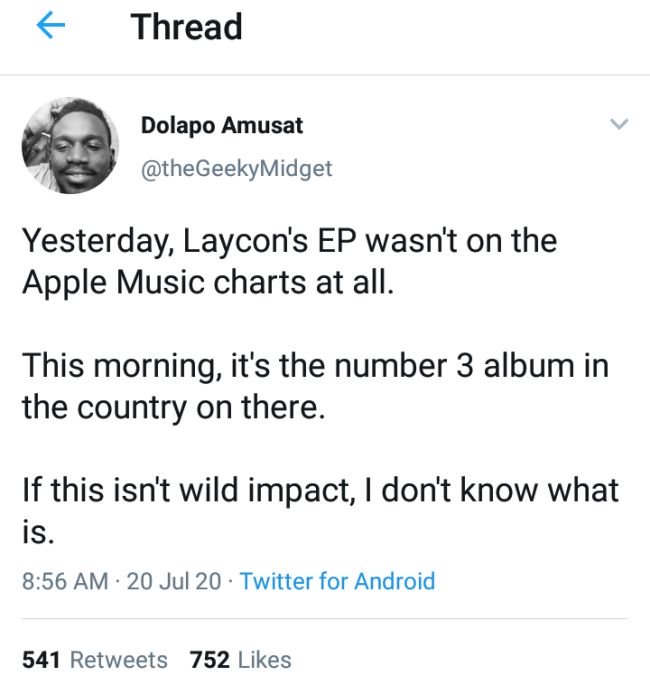 Laycon’s EP Rises To No.3 On Apple Music Barely 24 Hours After Entering The Big Brother Naija House Lay-110