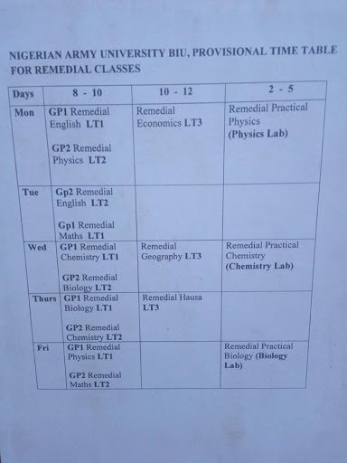 NAUB Remedial Programme Lecture Timetable for 2018/2019 Academic Session Naub-r10