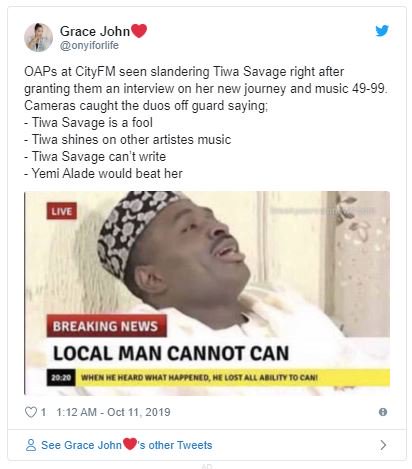 Twitter Users Reacts To Viral Video Of City FM OAPs Insulting Tiwa Savage And Yemi Alade Oap-610