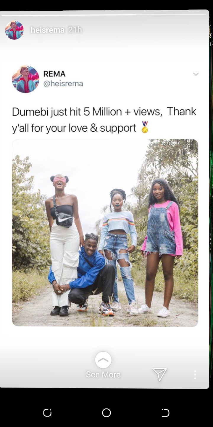 Rema "Dumebi" Hit 5 Million Plus Views on Youtube Scree133