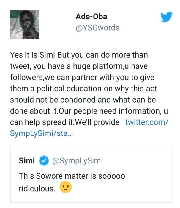 Singer Simi Schools A Fan Over Alleged Re-Arrest Of Omoyele Sowore Simi17
