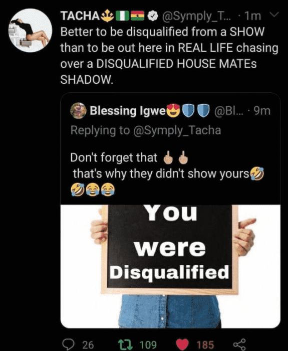 BBNaija Reunion Show:- Tacha Replies Troll Who Reminded Her That She Was Disqualified From The Show Tach12
