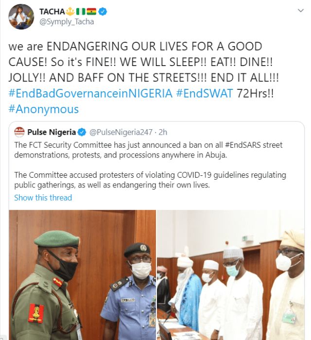 EndSars - “We Are Endangering Our Lives For A Good Cause” – Tacha Speaks As FCTA Bans #EndSARS Protest In Abuja Tacha41