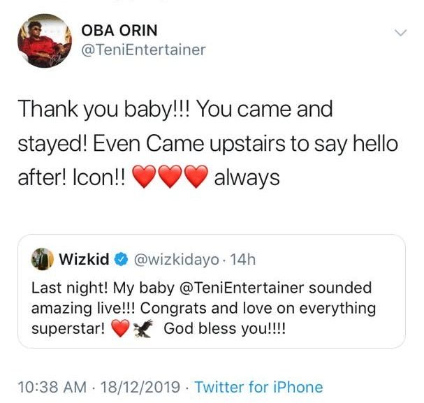 Wizkid And Teni Gush Over Each Other Following Her Live Concert Yesterday Teni17
