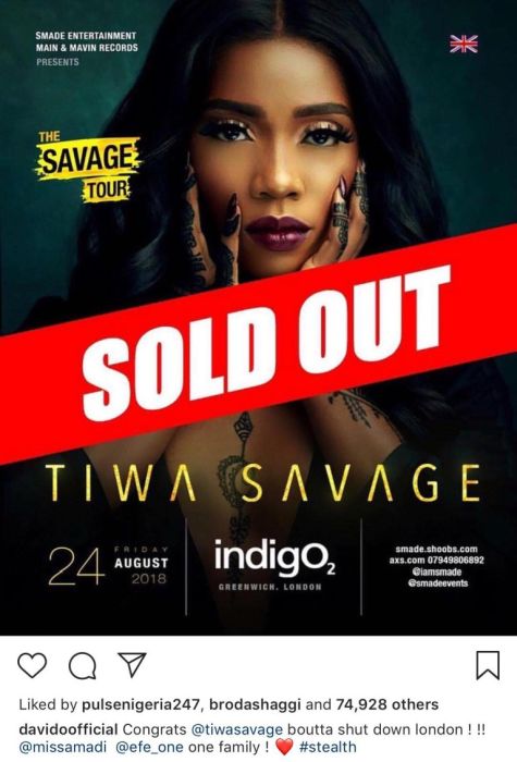 Davido Congratulates Tiwa Savage As She Sells Out O2 Indigo, See Her Reply Tiwa11