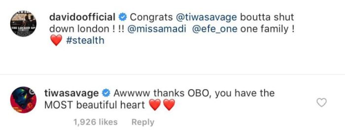 Davido Congratulates Tiwa Savage As She Sells Out O2 Indigo, See Her Reply Tiwaa10