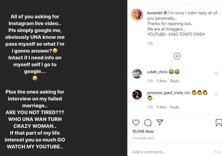 Tonto Dikeh Replies Those Asking Her For An Interview On Her Failed Marriage Tonton10