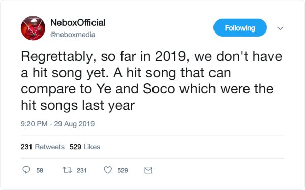 So Far This Year 2019, There Is No Song As Big As Wizkid’s “Soco” & Burna Boy’s “Ye” Yet?  Tweet-10