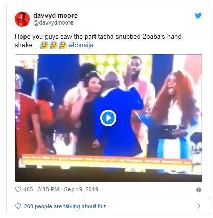 BBNAIJA:- Mixed Reactions As Tacha Ignores 2Baba’s Hand Shake During His Visit To The House Tweet-13