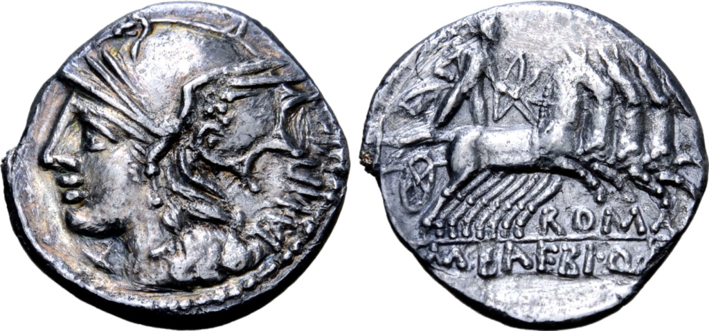 Denario de la gens Baebia. ROMA - M. BAEBI. Q. F. Apolo conduciendo cuadriga a dcha. Roma. 20022_11