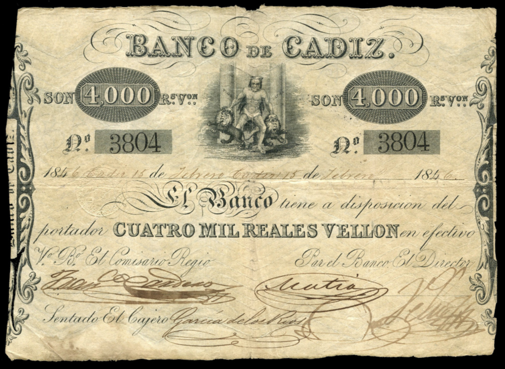 4000 Reales de Vellón, Banco de Cádiz - I Emisión, 16 Modelo, fecha 15 febrero 1856. 4000rv11