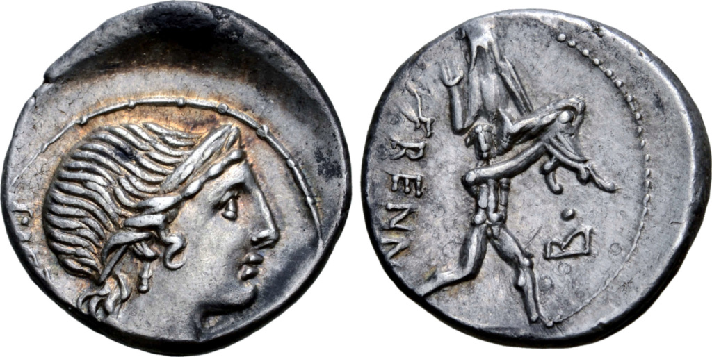 Denario de la gens Herennia. M. HERENNI. Amphinomus llevando en brazos a su padre. Roma. 4001_211