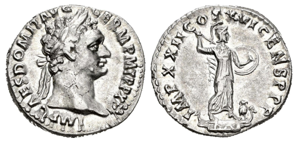 Denario de Domiciano.  IMP XXII COS XVI CENS P P. Minerva estante a dcha. Roma. Denari10